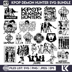 May include: A collection of 49 KPOP Demon Hunter SVG designs in black and white. The designs include text, illustrations of people, animals, and abstract shapes. File formats include SVG, PNG, JPEG, and EPS.