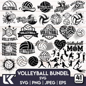 May include: A collection of 41 black and white volleyball-themed SVG designs. The designs include volleyballs, text, and silhouettes of players. The text includes "Volleyball", "Above the Net", and "Volleyball Mom".
