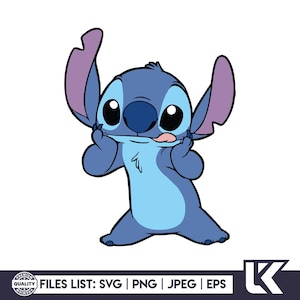 May include: A cartoon illustration of Stitch, a blue alien character with large ears and big eyes. Stitch is depicted with his tongue sticking out and hands on his cheeks. The image includes text indicating file formats: SVG, PNG, JPEG, and EPS.