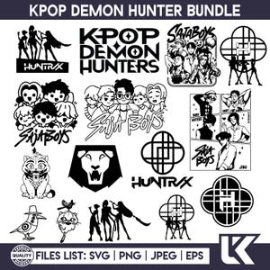 Puede incluir: Una colección de gráficos en blanco y negro con temática KPOP Demon Hunter. Los diseños incluyen ilustraciones estilizadas de personajes, logotipos y elementos de texto como "KPOP DEMON HUNTERS" y "SATABOYS". La imagen también enumera formatos de archivo: SVG, PNG, JPEG y EPS.