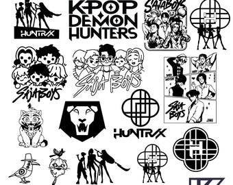 Paquete de SVG y PNG de cazadores de demonios del Kpop, SVG inspirado en cazadores de demonios, Sa-ja Boy SVG y PNG, Huntrix del Kpop SVG y PNG, Cena de chicas, Gato y pájaro PNG