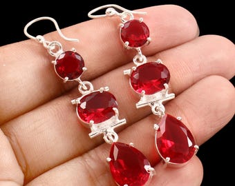 Orecchini Pendenti In Argento 925 Con Granato Rosso 10 Carati, Fatti A Mano, Gioielli Etnici Dall'India