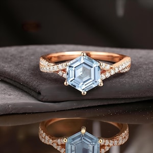 Hexagon cut aquamarine engagement ring unique aquamarine bridal promise ring Rose gold twist wedding ring vintage women anniversary gift