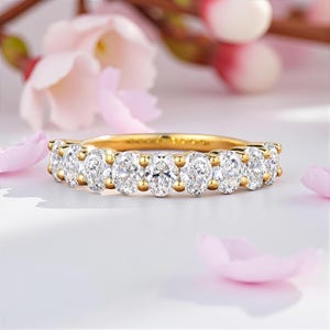 unique moissanite wedding band women oval cut Half Eternity band gold plated wedding band stacking matching bridal ring promise ring