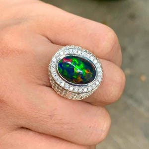Natural black opal men&#39;s ring 925 silver ring multi fire opal men&#39;s ring Genuine opal with moissanite ring anniversary ring gift for her