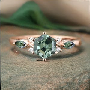Hexagon cut teal sapphire engagement ring unique green sapphire wedding ring Rose gold cluster ring promise anniversary ring sapphire ring