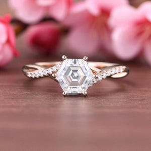 hexagon cut moissanite engagement ring Art deco branch ring Rose gold bridal ring women promise anniversary ring gift for her