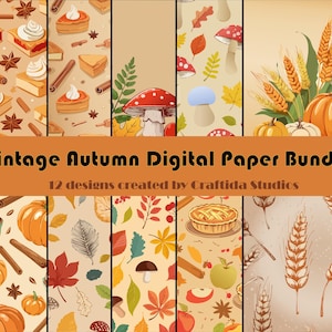 Paquete de papel digital vintage otoñal: patrones sin costuras de la cosecha otoñal, calabazas, hojas, setas, maíz y más. Set de papel para scrapbooking.