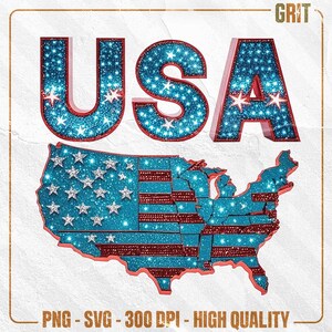 Sublimación SVG PNG con brillo de estados de EE. UU. / Imágenes prediseñadas de mapa americano con brillo rojo y azul / Diseño de camiseta patriótica del 4 de julio / Archivo imprimible de Cricut