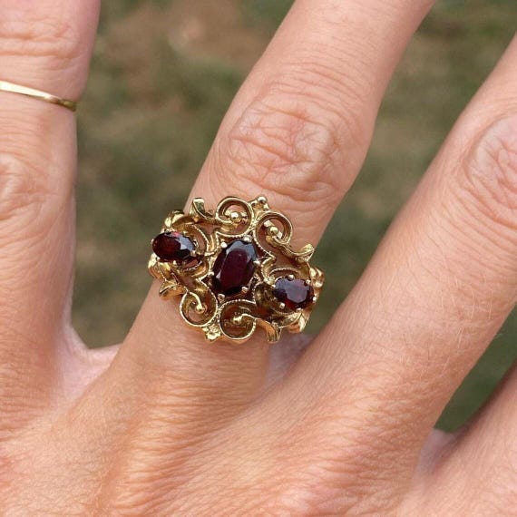 Vintage Garnet Filigree Ring: 14K Gold Plated 925 Sterling Silver