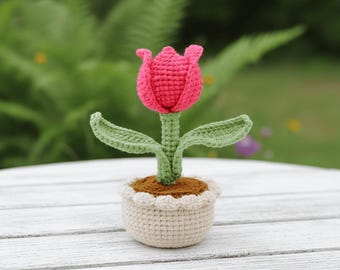 かぎ針編みのチューリップ鉢植えパターンPDF、かぎ針編みの花の