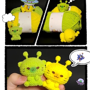 May include: A collage featuring crocheted alien figures in green and yellow, with matching yarn skeins. The image includes cartoon illustrations of a spaceship, aliens, and thought bubbles, creating a playful, whimsical theme.
