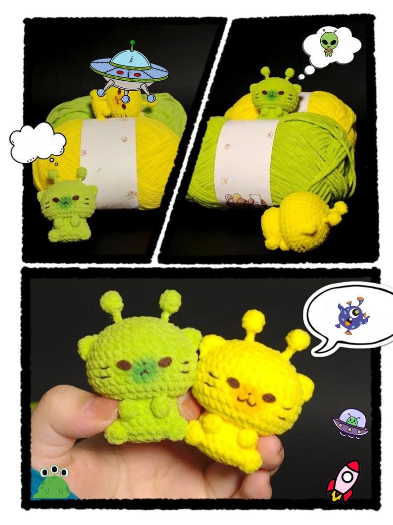 May include: A collage featuring crocheted alien figures in green and yellow, with matching yarn skeins. The image includes cartoon illustrations of a spaceship, aliens, and thought bubbles, creating a playful, whimsical theme.