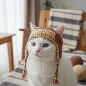 May include: A white cat with blue eyes wearing a handmade crochet hat in shades of brown and tan. The hat has ear flaps with braided tassels. The cat is sitting on a striped cushion.