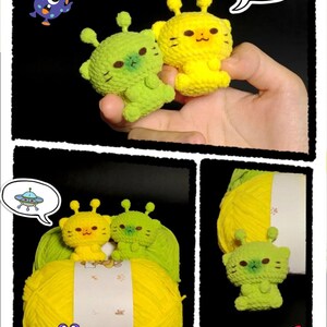 May include: Crocheted alien figures in green and yellow. The figures have small antennae and are posed in a playful manner. The image also includes a ball of yellow yarn and cartoon alien stickers.