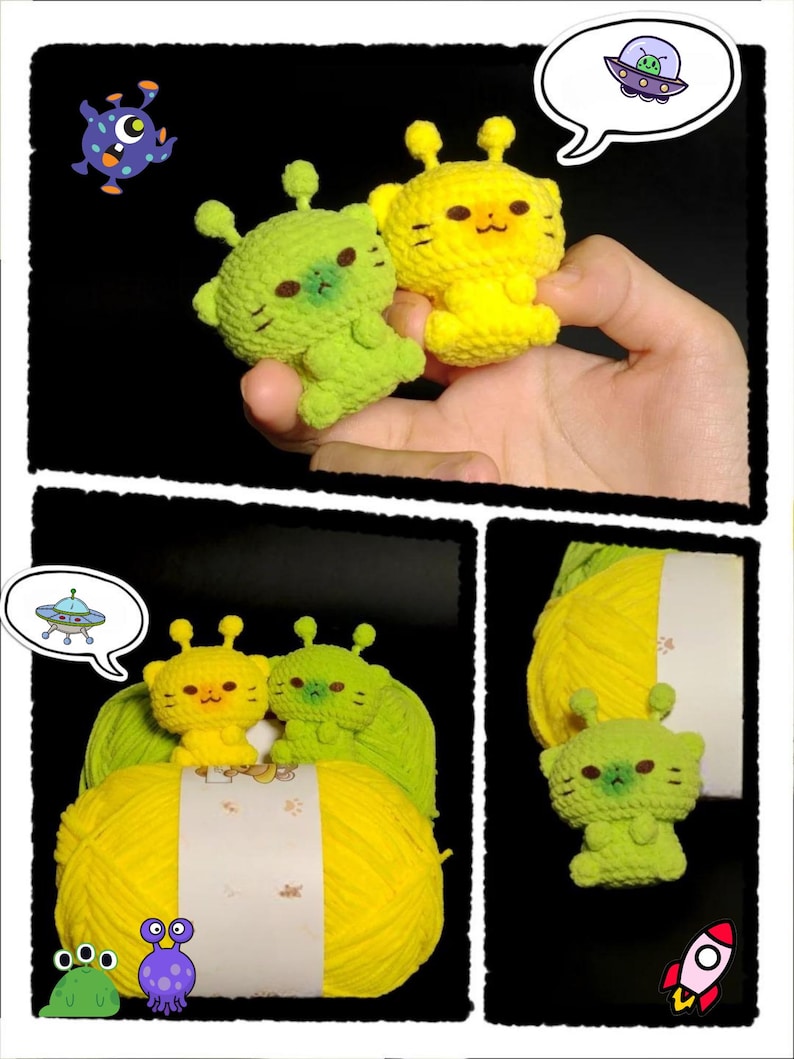 May include: Crocheted alien figures in green and yellow. The figures have small antennae and are posed in a playful manner. The image also includes a ball of yellow yarn and cartoon alien stickers.