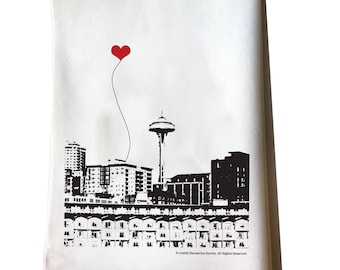 SALE - MISPRINTED Seattle Washington Space Needle cotton floursack tea towel, Hostess Gift, Housewarming, Dish Towel, Kitchen Towel