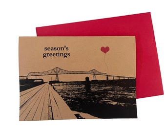 Season's Greetings Astoria-Megler Bridge Christmas recycled kraft note card set of 8 Oregon Coast Holiday