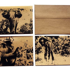 May include: Set of four brown kraft paper cards with black silhouette images of elephants. Each card features a different pose of an elephant.