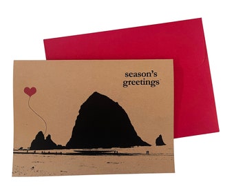 Season's Greetings Haystack Rock Christmas recycled kraft note card set of 8 Oregon Coast Holiday