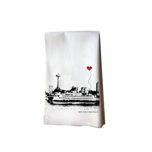SALE - Misprint Seattle Washington Ferry Boat Space Needle Cotton Flour Sack Tea Towel, Hand Towel, Kitchen Towel, Textile, Hostess Gift