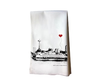 SALE - Misprint Seattle Washington Ferry Boat Space Needle Cotton Flour Sack Tea Towel, Hand Towel, Kitchen Towel, Textile, Hostess Gift