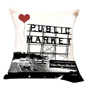 Seattle Pike Place Market Square Canvas Throw Pillow