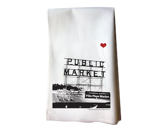 SALE Misprints - Seattle Pike Place Public Market cotton floursack tea towel, Hostess Gift, Housewarming, Dish Towel, Kitchen Hand Towel