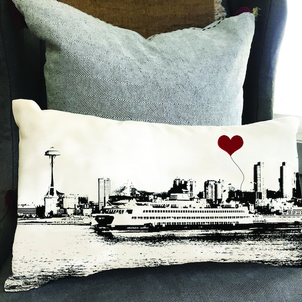 Seattle, Washington Ferry and Space Needle Rectangular Canvas Throw Pillow