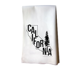 California State Outline Redwood Tree cotton floursack tea towel, Hostess Gift, Housewarming, Dish Towel, Kitchen Towel, Textile, Hand Towel