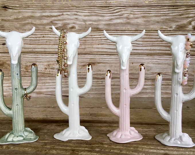 Miniature Ceramic Statue Ring Tree Cactus and Cow Skull with 22k Gold Tips Ring Holder Jewelry Holder