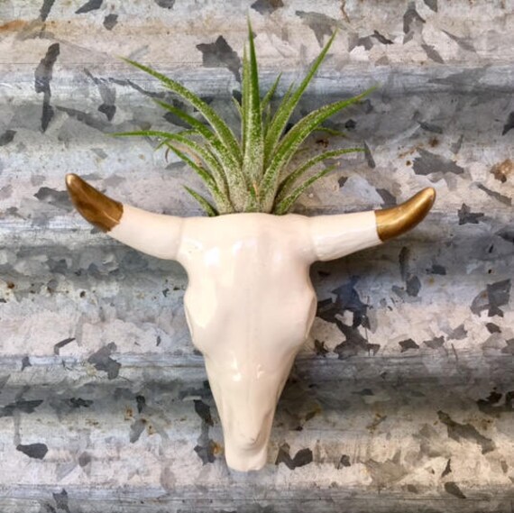 Miniature Ceramic Statue Ring Tree Cactus and Cow Skull with 22k Gold Tips Ring Holder Jewelry Holder
