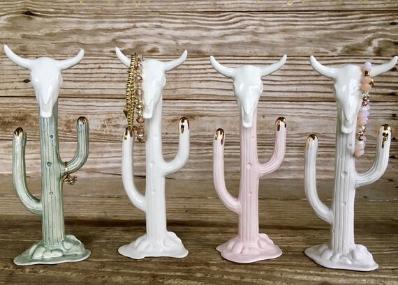 Miniature Ceramic Statue Ring Tree Cactus and Cow Skull with 22k Gold Tips Ring Holder Jewelry Holder