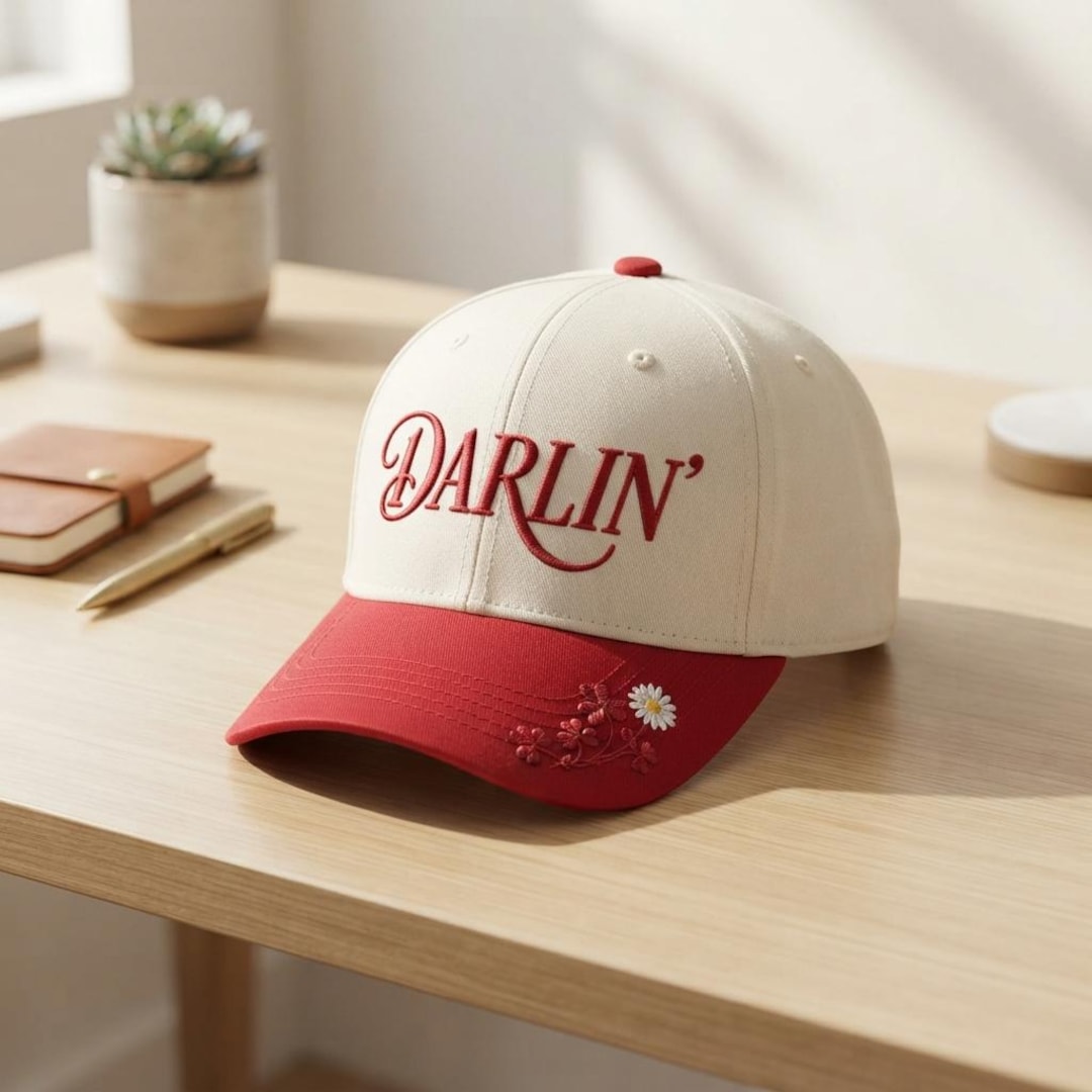 Darlin Embroidered Hat, Red and Cream Baseball Cap, Floral Daisy Hat ...