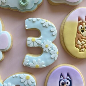 May include: Selection of decorated sugar biscuits. Designs include a rainbow, daisies, paw prints with the name "Kenzie", the number "3", and cartoon characters. The biscuits are on a pink surface.