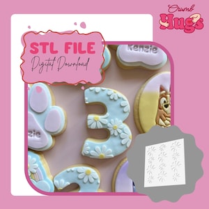 May include: An assortment of decorated cookies, including a number 3 adorned with daisies, and cookies with paw prints and character designs. The image also features a digital download graphic with the text "STL FILE Digital Download".