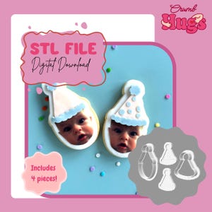 May include: An image featuring two baby-faced cookies wearing party hats, with a matching set of cookie cutters. The text "STL FILE Digital Download" is displayed in a pink bubble. The image also includes the text "Includes 4 pieces!"