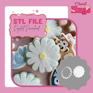 May include: A digital download STL file for a cookie cutter set featuring a daisy flower shape. The image displays decorated cookies with white petals and yellow centers, alongside a clear plastic cutter outline on a pink background with text.