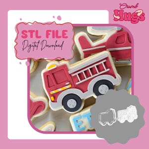 May include: A red and white fire engine cookie cutter and a matching biscuit. The image also includes a pink background with the text "STL FILE Digital Download". Other biscuits in the image include a helicopter and aeroplane.