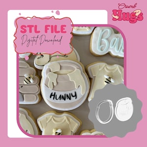 May include: A collection of decorated sugar cookies featuring a honey pot with the text HUNNY, a beehive, and baby onesies, alongside white plastic cookie cutters. The image includes the text STL FILE Digital Download and the logo Crumb Hugs.