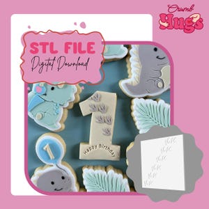 May include: An image of dinosaur-themed cookies, including a number one cookie with the words "Happy Birthday." The image also includes the text "STL FILE Digital Download" and a logo that says "Crumb Hugs."