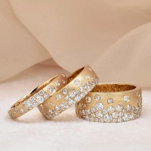 Round Cut Simulated Diamond Wedding Band, Scattered Diamond Stunning Cigar Band, Satin Finish Band, Flush Set Diamond Half Eternity Band