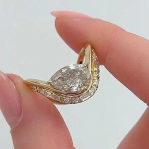9x6 MM Pear Cut Moissanite East To West Ring, Yellow Gold Bridal Ring Set, Curved Silver Band Ring, Baguette And Round Diamond Stacking Band