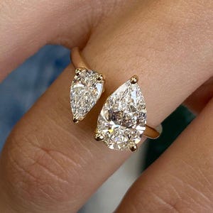 Double Tear Drop Ring Pear Cut CZ Diamond Engagement Ring Two Stone Open Style Ring Toi Et Moi Ring Minimalist Wedding ring Gif For Her