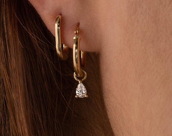 Diamond Gold Earring Charms, 14k Dangly Handmade Charms, Dainty Everyday Charm for Hoop, Custom Tiny Drop Charms for Birthdays, Gift for Her