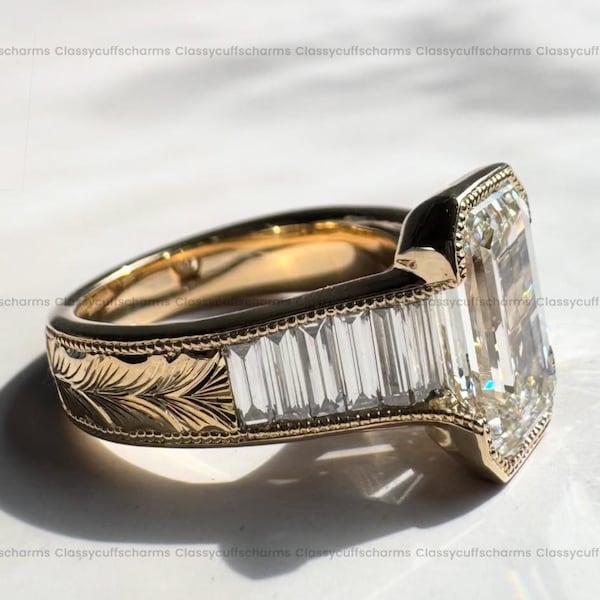 Unique 2 CT Emerald Cut Diamond With Baguette CZ Solitaire Ring Bezel Set Engagement Vintage Ring Modern Classic Wedding Ring Gift For Her