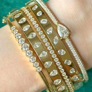 Hexagon Bezel Set Diamond Bangle, Marquise, Oval, Emerald & Pear Cut Simulated Diamond Flush Bangle, East West Pear Cut Diamond Pave Bangle