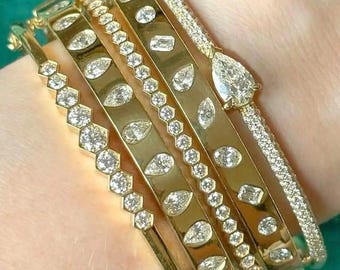 Hexagon Bezel Set Diamond Bangle, Marquise, Oval, Emerald & Pear Cut Simulated Diamond Flush Bangle, East West Pear Cut Diamond Pave Bangle