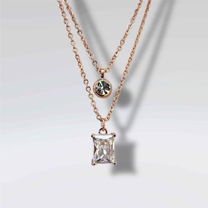 Diamond Baguette Necklace,rose gold Dainty Necklace,CZ Diamond Pendant, Bridal Party Necklace Gift,Minimalist Layering Necklace,gift for her