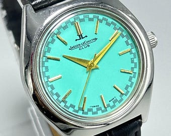 Raro reloj de pulsera vintage Jeager-LeCoultre Club con 17 joyas, esfera azul y movimiento manual suizo para hombre.